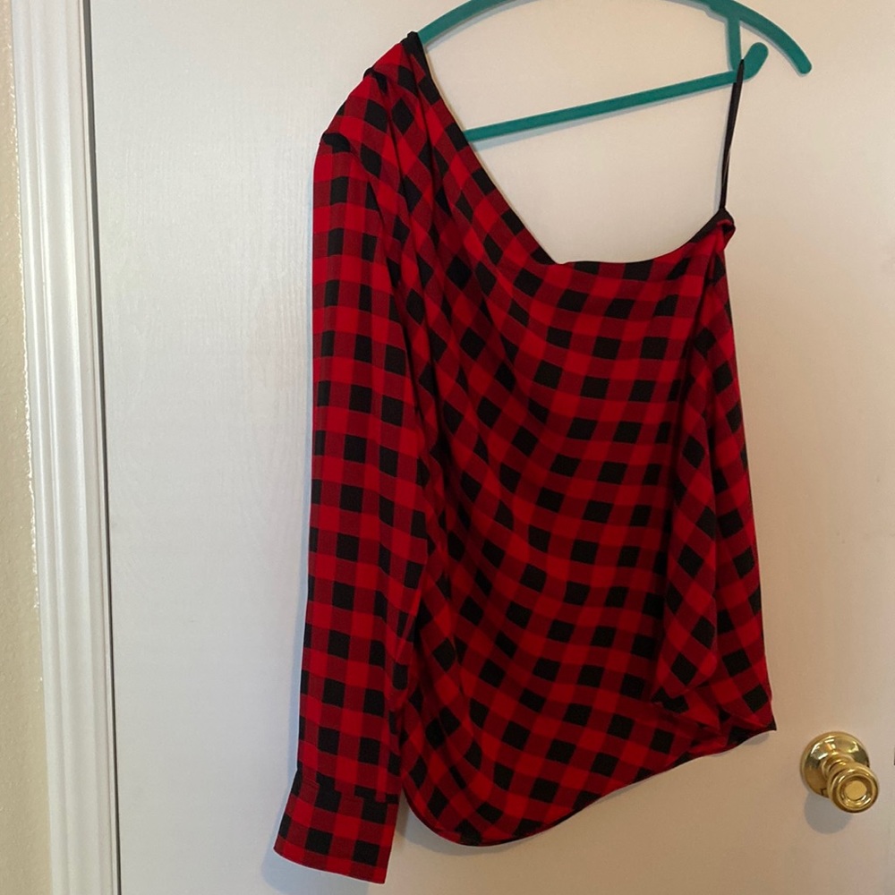 Red and black checkered off the shoulder long sleeve . New no tags